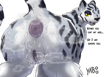 anal_request anus bedroom_eyes big_anus blue_body blue_fur bodily_fluids butt dialogue dominant dominant_female female feral first_person_view fur genital_fluids genitals markings musk narrowed_eyes open_mouth oral_request puffy_anus purple_anus raised_tail requesting rimming_request seductive sex_request solo submissive submissive_pov sweat sweaty_butt sweaty_genitalia tail talking_to_viewer text threatening threatening_vore vaginal_fluids white_body white_fur yellow_eyes yaboo felid mammal pantherine tiger english_text hi_res