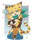 5_fingers anthro armor armwear blonde_hair blush bracers breasts brown_body brown_fur brown_hair clasped_hands claws clothed clothing eyebrows female female_anthro finger_claws fingers fully_clothed fur green_eyes hair half-closed_eyes hands_together inner_ear_fluff kemono kerchief looking_at_viewer multicolored_body multicolored_fur multicolored_hair narrowed_eyes neckerchief neckwear open_mouth open_smile satchel short_hair simple_background smile solo tail tongue tuft white_body white_fur white_hair yellow_body yellow_fur yamame513 cygames world_flipper mia_(world_flipper) felid mammal pantherine tiger 2020 digital_media_(artwork) hi_res