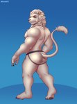 anthro big_butt butt claws clothing ear_piercing ear_ring feet fur jockstrap long_tail looking_at_viewer male mane muscular muscular_anthro muscular_male narrowed_eyes nipples pawpads pecs piercing pubes rear_view ring_piercing simple_background smile smirk solo standing tail underwear white_body white_fur snaftfc leotheo felid feline lion mammal pantherine absurd_res hi_res