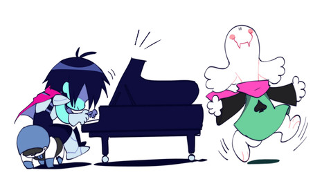 black_hair blue_body blue_skin dancing duo fur grand_piano hair happy keyboard_instrument male musical_instrument parody piano playing_music toony white_body white_fur drawloverlala deltarune peanuts_(comic) undertale_(series) kris_dreemurr lancer_(deltarune) ralsei bovid caprine darkner goat humanoid mammal 2022 hi_res