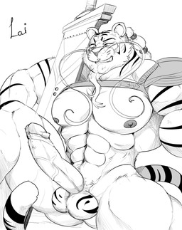 abs accessory anthro armor balls beads big_muscles big_penis big_sword erection facial_hair genitals glans hair hair_accessory hair_beads huge_muscles male muscular muscular_male mustache nipples pecs penis relaxed_expression relaxing simple_background sitting solo striped_balls striped_genitalia stripes tail vein veiny_penis lai sea_pupper felid feline mammal pantherine tiger absurd_res hi_res monochrome sketch