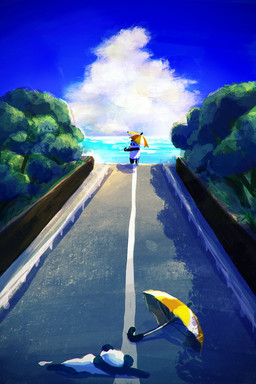 black_body black_fur chibi cloud detailed_background duo fur looking_back outside parasol plant road scenery scenery_porn scenic_view sea sky tree water what white_body white_fur araru bear giant_panda mammal 2019 2:3 hi_res