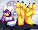 3_toes 5_fingers anthro avian_feet barefoot breasts claws clothed clothing eyewear feet female fingers foot_focus gesture glasses gloves hand_gesture handwear looking_at_viewer midriff plantigrade pointing pointing_at_viewer presenting soles solo talons toe_claws toes cornchip21 nitropunkarts sega sonic_riders sonic_the_hedgehog_(series) wave_the_swallow avian bird hirundinid oscine passerine swallow_(bird) hi_res signature