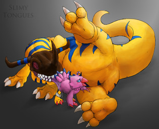 3_toes ambiguous/ambiguous ambiguous_gender anus anus_only beak blush bodily_fluids duo eyes_closed featureless_crotch feet feral grey_background licking null open_mouth perineum saliva simple_background size_difference smile spread_legs spreading tail toes tongue tongue_out slimytongues bandai_namco digimon mythology avian bird biyomon digimon_(species) dinosaur dragon greymon mythological_creature mythological_scalie prehistoric_species reptile saurischian scalie theropod