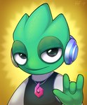 4_fingers anthro clothing electronics fingers green_body headphones looking_up male mascot simple_background smile solo yellow_background airfly-pony leon_(trovo) animal_humanoid chameleon chameleon_humanoid humanoid lizard lizard_humanoid reptile reptile_humanoid scalie scalie_humanoid 2022 hi_res