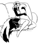 anthro bedroom_eyes breasts clothing ear_piercing ear_ring female fur furniture hair legwear looking_at_viewer narrowed_eyes piercing pillow ring_piercing seductive smile sofa solo tail thigh_highs tegerio zandar's_saga kelly_o'dor mammal mephitid skunk 2024 black_and_white hi_res monochrome