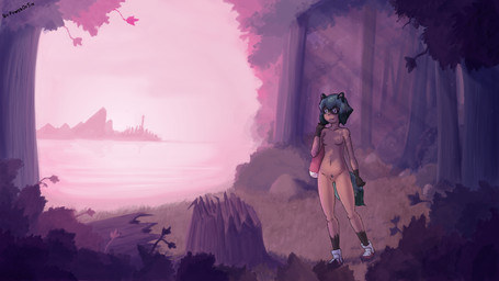 anthro blue_hair blue_pubes blue_tail breasts clothing dipstick_tail female footwear footwear_only genitals gloves_(marking) grass hair leg_markings markings mostly_nude multicolored_tail nipples outside plant pubes public public_nudity shoes shoes_only short_hair sneakers sneakers_only socks_(marking) solo tail tail_markings tree tree_stump vulva water powerofsin brand_new_animal studio_trigger michiru_kagemori canid canine mammal raccoon_dog 16:9 hi_res widescreen