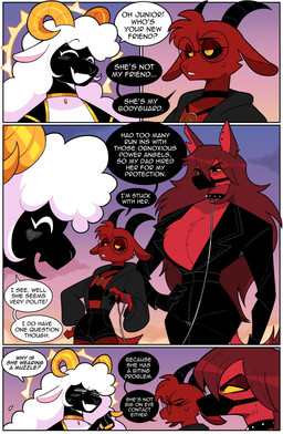 anthro black_body black_clothing black_sclera clothed clothing collar female fur group horn leash leashed_collar muzzle_(object) muzzled red_body red_fur text trio white_body white_fur yellow_eyes yellow_sclera idolomantises mythology cheri_(idolomantises) junior_(idolomantises) scylla_(idolomantises) angel bovid canid canid_demon canine caprine caprine_demon cherub demon goat goat_demon hellhound horned_humanoid humanoid mammal mythological_canine mythological_creature absurd_res comic english_text hi_res trans_(lore) trans_woman_(lore)