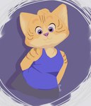 abstract_background anthro clothing female fur looking_at_viewer purple_eyes shirt simple_background solo tank_top topwear yellow_body yellow_fur boloid domestic_cat felid feline felis mammal digital_media_(artwork) hi_res