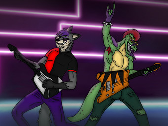 anthro duo electric_guitar fur green_body green_skin grey_body grey_fur guitar hair male male/male music musical_instrument plucked_string_instrument purple_hair rock string_instrument nicolasthewolf five_nights_at_freddy's five_nights_at_freddy's:_security_breach scottgames steel_wool_studios montgomery_gator alligator alligatorid canid canine canis crocodilian mammal reptile scalie wolf 4:3