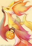 anthro big_ears bucket container female fur holiday_message holidays looking_at_viewer red_eyes simple_background smile solo text yellow_background eldrige halloween nintendo pokemon canid canine delphox generation_6_pokemon mammal pokemon_(species) english_text watermark