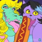 anthro black_hair blonde_hair duo fangs female food fur green_body green_skin hair heart_eyes heart_symbol hot_dog pink_eyes purple_body purple_fur sharp_teeth teeth tongue tongue_out yellow_eyes anna_matronic undertale undertale_(series) bratty_(undertale) catty_(undertale) alligator alligatorid crocodilian domestic_cat felid feline felis mammal reptile scalie 1:1 2017