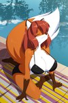 anthro big_breasts bikini breasts cleavage clothed clothing dipstick_tail eyes_closed female markings multicolored_tail solo swimwear tail tail_markings two-piece_swimsuit kojiro-brushard becky_(kojiro-brushard) canid canine fox mammal hi_res