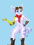 anthro boots breasts clothing cybernetic_arm cybernetic_limb eyewear female footwear gloves goggles hand_on_hip handwear mostly_nude navel nipples scarf shoes solo pandazar ratchet_and_clank sony_corporation sony_interactive_entertainment rivet_(ratchet_and_clank) lombax mammal absurd_res hi_res