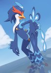 anthro avian_butt bikini blue_body blue_feathers blue_hair breasts clothing dutch_angle feathers female gold_bikini hair hand_on_hip non-mammal_breasts partially_clothed_female partially_submerged pokemorph small_breasts solo standing_in_water swimwear tail tail_feathers thick_thighs two-piece_swimsuit wide_hips kajinchu game_freak golden_week nintendo pokemon shizuku_(kajinchu) avian generation_9_pokemon pokemon_(species) quaquaval absurd_res hi_res
