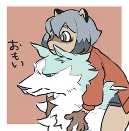 anthro blue_body blue_eyes blue_fur blue_hair brown_body brown_fur carrying_another clothed clothing collar duo female fur hair jacket male simple_background text topwear uzimusi_fgo brand_new_animal studio_trigger michiru_kagemori shirou_ogami canid canine canis mammal raccoon_dog tanuki wolf 2020 japanese_text low_res
