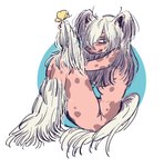 abstract_background anthro biped blue_eyes breasts brown_body female fur hair hair_over_eye hairless long_hair looking_away nude simple_background sitting solo tail white_body white_fur sori0414 canid canine canis chinese_crested_dog domestic_dog hairless_dog mammal toy_dog 2025 digital_drawing_(artwork) digital_media_(artwork) hi_res