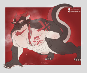 abs animal_genitalia anthro barazoku black_body bodily_fluids breath exercise genital_slit genitals hair male markings muscular muscular_anthro muscular_male narrowed_eyes nude pecs ponytail puddle push-up red_eyes red_hair red_markings simple_background solo sweat sweat_drip sweaty_chest sweaty_face sweaty_genitalia white_body johnthelewd_art mythology any_(anyisdragon) dragon mythological_creature mythological_scalie scalie 6:5 absurd_res hi_res