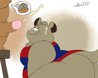 anthro big_butt bodily_fluids brown_body butt clothing cum cum_on_face duo eye_patch eyewear genital_fluids glasses male male/male musclegut muscular pink_nose shirt size_difference slightly_chubby standing topwear chonkymouse gamba_no_bouken gamba_no_bouken_(series) gakusha yoisho mammal mouse murid murine rodent 2025 hi_res