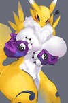 2021 2:3 3_fingers anthro arm_under_breast armwear artist_name bandai_namco big_breasts black_sclera blue_eyes blush breast_squish breasts bridal_gauntlets canid claws clothing digimon digimon_(species) dipstick_ears ear_markings featureless_breasts female fingers fur kadomarco mammal multicolored_ears navel renamon simple_background small_nose solo squish tail thick_thighs tuft white_body white_fur yellow_body yellow_fur