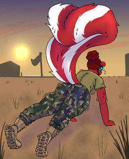 anthro army army_uniform bodily_fluids butt desert exercise female military outside push-up rear_view solo sweat karacuzzy alby_(lovehatealien) mammal mephitid skunk hi_res