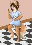 anthro blush bowl brown_body brown_fur brown_hair carton clothed clothing container cutlery diaper female food fur green_eyes hair kitchen_utensils milk solo spoon tools wearing_diaper white_diaper laydeekaze jenny_(powhatan) canid canine fox mammal hi_res