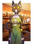 :3 animal_ears anthro apron apron_only arm_tuft bell big_breasts black_body black_fur blurred_background blush breasts chest_tuft clothed clothing ear_piercing ear_ring female framed fur medium_breasts navel_outline piercing ring_piercing shoulder_tuft side_boob smile solo tail text tuft whiskers yellow_eyes yellow_sclera muart242 starbucks bacardi_(muart242) domestic_cat felid feline felis mammal absurd_res hi_res url