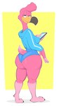 2024 absurd_res anthro avian beak big_butt bird bottomwear breasts butt cellphone clothed clothing electronics eyelashes feet female fingers flamingo full-length_portrait half-closed_eyes hi_res hoodie looking_at_viewer multicolored_body narrowed_eyes non-mammal_breasts phone pink_body portrait shorts solo standing tail toes topwear two_tone_body usnarbit
