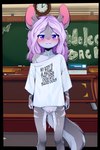 anthro biped blush bodily_fluids bottomless classroom clothed clothing cum cum_from_pussy cum_in_pussy cum_inside detailed_background eyelashes female front_view fur genital_fluids genitals grey_body grey_fur hair inside leaking_cum loli looking_at_viewer pupils purple_hair pussy school shirt smile solo thick_thighs topwear young sicmop mammal absurd_res hi_res