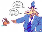 2019 anthro canid canine canis clothed clothing dialogue domestic_dog english_text feral generation_5_pokemon gesture hand_gesture herdier looking_at_viewer mammal necktie nintendo pointing pokemon pokemon_(species) quadruped sam_and_max samuel_dog shadow simple_background speech_bubble suid suina talking_to_viewer tepig text velvetyf white_background