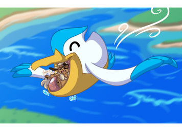 ambiguous_gender bodily_fluids drooling duo eyewear feral flying glasses inside_mouth island open_mouth saliva sea vore water wave wind wings dragunsnack nintendo pokemon milo_(dragunsnack) eevee generation_1_pokemon generation_3_pokemon pelipper pokemon_(species) absurd_res hi_res