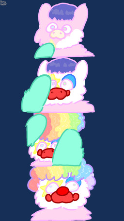 afro ambiguous_form ambiguous_gender applying_makeup blue_eyes clothing clown_makeup clown_nose derp_eyes fur gloves hair handwear makeup mouthless multicolored_hair parody personal_grooming pink_body pink_fur purple_hair rainbow_hair round_eyes simple_background solo teal_clothing teal_gloves teal_handwear toony transparent_background white_nose wig bongwater_(fc) fluffy_pony fluffy_pony_(species) mammal 2026 9:16 alpha_channel digital_media_(artwork) hi_res meme sequence