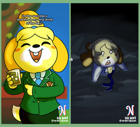 anthro arms_bent before_and_after beverage black_nose blonde_hair blue_hair_tie blue_necktie border bottomwear buckteeth button_(fastener) clothed clothed_anthro clothed_female clothing container cup dialogue eyes_closed facial_markings female female_anthro floppy_ears fully_clothed fully_clothed_anthro fully_clothed_female green_border green_bottomwear green_clothing green_skirt green_suit hair happy head_markings holding_beverage holding_container holding_cup holding_object ice ice_cube light lop_ears markings multicolored_hair necktie no_eyebrows open_mouth open_smile orange_ears orange_hair orange_tongue outside partially_submerged plant ponytail shamrock skirt smile solo standing suit teeth text tongue tree two_tone_hair water white_dress_shirt white_eyes white_markings worried yelling yelling_at_viewer cookieboy011 animal_crossing nintendo tiktok isabelle_(animal_crossing) canid canine canis domestic_dog mammal shih_tzu toy_dog 2024 colored digital_drawing_(artwork) digital_media_(artwork) english_description english_text lighting shaded