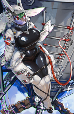 anthro big_ears bodysuit breasts clothed clothing female fur furgonomic_headwear furgonomics fused_legs glistening glistening_abs glistening_breasts glistening_clothing glistening_latex glistening_thighs green_hair hair latex latex_clothing latex_skinsuit purple_body purple_fur red_eyes rope skinsuit solo space spacecraft spacesuit thick_thighs tight_clothing vehicle zero_gravity shanher mythology dragon mythological_creature mythological_scalie scalie hi_res