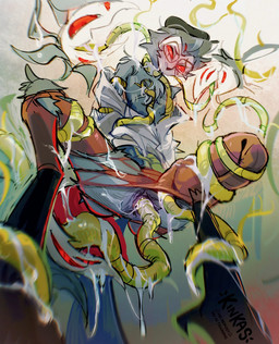 ambiguous_gender animal_genitalia anthro assisted_exposure bdsm beak blush bodily_fluids bondage bottomwear bound captured cheek_tuft chest_tuft cloaca cloacal cloacal_penetration clothed clothing dominant dominant_ambiguous dripping drooling eyewear face_tentacles facial_tuft feathers fluffy fuzzy genital_fluids genitals glasses green_tentacles green_tongue green_vines grey_body grey_feathers group half-closed_eyes hands_behind_back hat head_tuft headgear headwear larger_male legs_held_open looking_at_viewer looking_down looking_pleasured low-angle_view male male_penetrated multi_eye narrowed_eyes open_mouth open_smile pants partially_clothed penetration perspective plant plant_sex red_eyes restrained restrained_arms restrained_by_tentacles restrained_legs restraints saliva sentient_plants shirt size_difference smaller_ambiguous smile spread_legs spreading submissive submissive_male surrounded suspended_via_tentacles suspension suspension_bondage tentacle_around_arm tentacle_around_leg tentacle_in_cloaca tentacle_penetration tentacles tentacles_around_arms tentacles_around_legs tentacles_everywhere tentacles_under_clothing tongue tongue_in_cloaca tongue_out topwear torn_bottomwear torn_clothing torn_topwear tuft vine_bondage vine_tentacles vines wearing_glasses white_body minkinkas hellaverse helluva_boss stolas_(helluva_boss) avian bird demon elemental_creature flora_fauna owl owl_demon plant_monster absurd_res hi_res signature