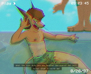 angry anthro bladder_bulge bodily_fluids caught clothed clothing dialogue embarrassed eyewear footwear genital_fluids glasses humiliation male nipples outside peeing peeing_underwater public public_humiliation public_urination recording sandals shoes swimming_pool swimming_trunks swimwear text topless urine vhs_filter wearing_glasses wetting illegaleel mallorie_(illegaleel) unknown_species dated hi_res
