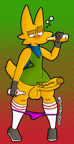 alcohol anthro balls beer_bottle beverage blush bottle bubble clothing container drinking drunk erection footwear genitals humanoid_genitalia humanoid_penis kerchief male penis shoes socks solo substance_intoxication text thong underwear vein veiny_penis thatdawgmurray desperados_beer murray_(thatdawgmurray) canid canine canis mammal wolf 2021 watermark