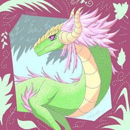 abstract_background female feral green_body hair horn looking_at_another pattern_background pink_eyes pink_hair simple_background solo yellow_body yellow_horn nuree_art asian_mythology east_asian_mythology mythology naya_(nuree_art) dragon eastern_dragon mythological_creature mythological_scalie scalie 1:1