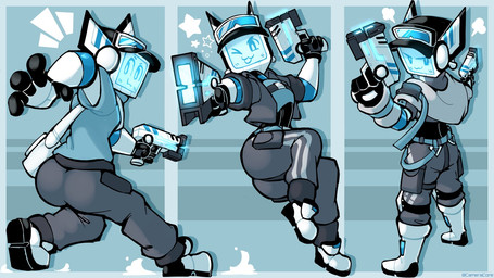 :3 baseball_cap clothing gun hat headgear headwear holding_gun holding_object holding_ranged_weapon holding_weapon machine male multiple_outfits multiple_poses not_furry one_eye_closed pose ranged_weapon rear_view screen screen_face solo weapon wink baronflint camelot_(baronflint) humanoid robot robot_humanoid 16:9 hi_res widescreen