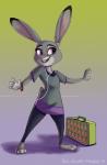 anthro barefoot biped bottomwear bracelet buckteeth clothed clothing earbuds electronics feet female grey_earbuds grey_headphones headphones jewelry monotone_earbuds monotone_headphones open_mouth open_smile pants purple_eyes shirt simple_background smile solo standing suitcase t-shirt teeth topwear caliosidhe disney zootopia judy_hopps lagomorph leporid mammal rabbit 2019 hi_res