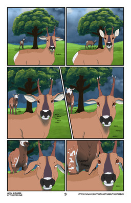 anatomically_correct anatomically_correct_genitalia anatomically_correct_vulva animal_genitalia animal_vulva antlers cervine_genitalia cervine_vulva cloven_hooves detailed_background female female_feral feral genitals hooves horn male male_feral mottled piebald plant quadruped size_difference storm teats text tree udders vulva twistedewe cascadia_(twistedewe) kairo_(twistedewe) cervine deer elk mammal comic hi_res