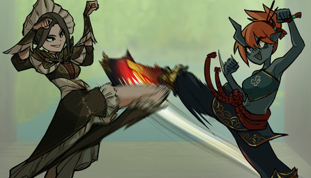 belt blue_clothing brown_clothing clothing cord duo eye_contact female fight grey_body grey_skin headdress horn kick light_body light_skin looking_at_another muay_thai paw_pose pose red_belt centurii-chan_(artist) demon demon_humanoid human humanoid mammal character_request hi_res
