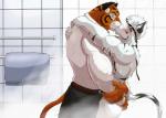 anthro bathroom belt blush butler butt clothed clothing duo fluffy french_kissing fully_clothed fur hug inside kiss_on_lips kissing leucistic male male/male muscular muscular_anthro muscular_male orange_body orange_fur romantic romantic_couple shirt shower side_view topwear towel white_body white_fur dragonslash leo_(dragonslash) schindler felid mammal pantherine prehistoric_species saber-toothed_tiger tiger 2016 digital_media_(artwork) signature