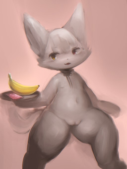 anthro banana bangs black_lips black_nose choker choker_only condom cute_fangs eyelashes fangs female flat_chested fluffy fluffy_tail food fruit fur genitals hair heterochromia holding_object jewelry kemono lips looking_aside navel necklace necklace_only nipples nude open_mouth open_smile orange_eyes plant plate pointy_ears prick_ears pupils red_eyes red_tongue ribbons sexual_barrier_device short_hair simple_background slightly_chubby smile solo standing tail tan_body tan_ears tan_fur tan_hair tan_tail teeth tongue vulva young young_anthro kemo_priestess herba_(hasukii) canid canine mammal 3:4