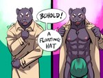 abs anthro bodily_fluids clothing coat fingers flasher fur genital_fluids hat headgear headwear male muscular muscular_anthro muscular_male open_mouth open_smile pecs precum smile solo topwear trenchcoat whiskers fruitz mammal 4:3