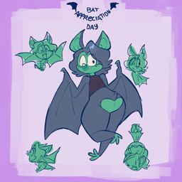 anthro appreciation_day arms_back bat_ears bat_nose bat_wings black_clothing black_topwear black_vest blue_body blue_hair blue_wings butt butt_heart butt_shot chibi claws closed_smile clothing countershade_butt countershade_face countershading eyelashes eyes_closed fangs feet female green_body green_butt green_claws green_countershading green_face green_feet green_inner_ear hair hanging_upside_down leg_markings looking_at_viewer looking_back looking_back_at_viewer markings membrane_(anatomy) membranous_wings mouth_closed one_eye_closed open_mouth open_smile purple_background raised_wings rear_view running side_view simple_background sleeping small_tail smile socks_(marking) solo spread_wings tail teeth topwear upside_down vest wing_claws wings wink winking_at_viewer vitreousglassy international_bat_appreciation_day bat mammal 1:1 2026 colored hi_res multiple_images partially_colored