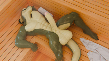 anthro balls balls_on_tail big_balls big_penis casual_erection casual_nudity erection foreskin genitals green_body green_scales high-angle_view huge_balls huge_penis humanoid_genitalia humanoid_penis inside lying male muscular muscular_male nude on_back penis sauna scales solo spread_legs spreading tail three-quarter_view towel vein veiny_penis yellow_balls yellow_body yellow_penis yellow_scales snekkuu kahliss reptile scalie snake 16:9 2025 3d_(artwork) digital_media_(artwork) hi_res widescreen