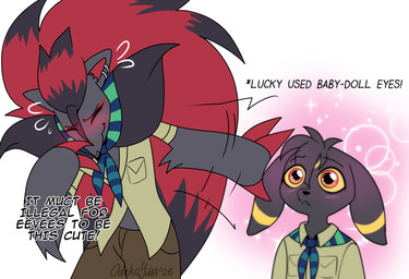 anthro anthrofied black_body black_fur duo fur hair male tail text odeko-yma nintendo pokemon pokemon_mystery_dungeon spike_chunsoft lucky_(odeko-yma) nova_(odeko-yma) canid canine eeveelution generation_2_pokemon generation_5_pokemon mammal pokemon_(species) umbreon zoroark absurd_res digital_media_(artwork) english_text hi_res