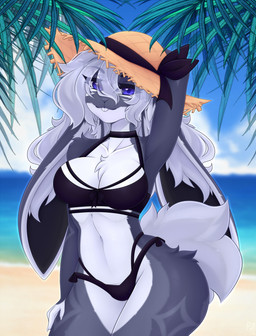 anthro beach blue_eyes bra breasts buckteeth cheek_tuft chest_tuft clothing colored_nails facial_tuft female flower fluffy fluffy_tail fur grey_body grey_fur grey_hair hair hat headgear headgear_only headwear headwear_only inner_ear_fluff lips long_ears long_hair looking_at_viewer mostly_nude nails navel palm_tree plant presenting rose_(flower) sea sky smile smiling_at_viewer solo standing tail teeth thick_thighs thong tree tuft underwear water white_body white_fur beta_tata lagomorph leporid mammal rabbit 2025 colored digital_drawing_(artwork) digital_media_(artwork) hi_res shaded