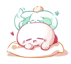 ambiguous_gender big_ears biped bipedal_feral blush blush_lines carrying_another duo eyes_closed feral flower_emanata fluffy fluffy_tail fur heart_symbol lying mouthless notched_ear on_front on_head on_top_of_another open_mouth pillow relaxing semi-anthro simple_background tail white_background 0olqplo0 kirby_(series) kirby_and_the_forgotten_land nintendo elfilin kirby alien chinchillid mammal rodent starling_(kirby) waddling_head digital_drawing_(artwork) digital_media_(artwork) male_(lore)